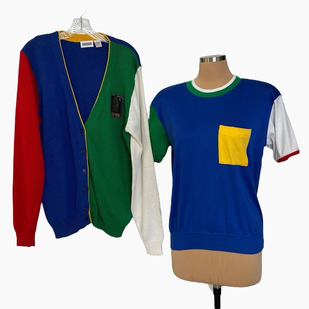 Suburbans Cardigan Sweater Set Size Large Color Block Medium Short Sleeve Top